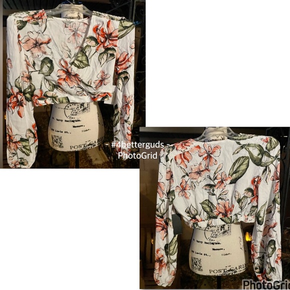 New Guess Long Sleeve Karlotta Blushing Azalea Floral Print Faux Wrap CropTop XS - Picture 5 of 16